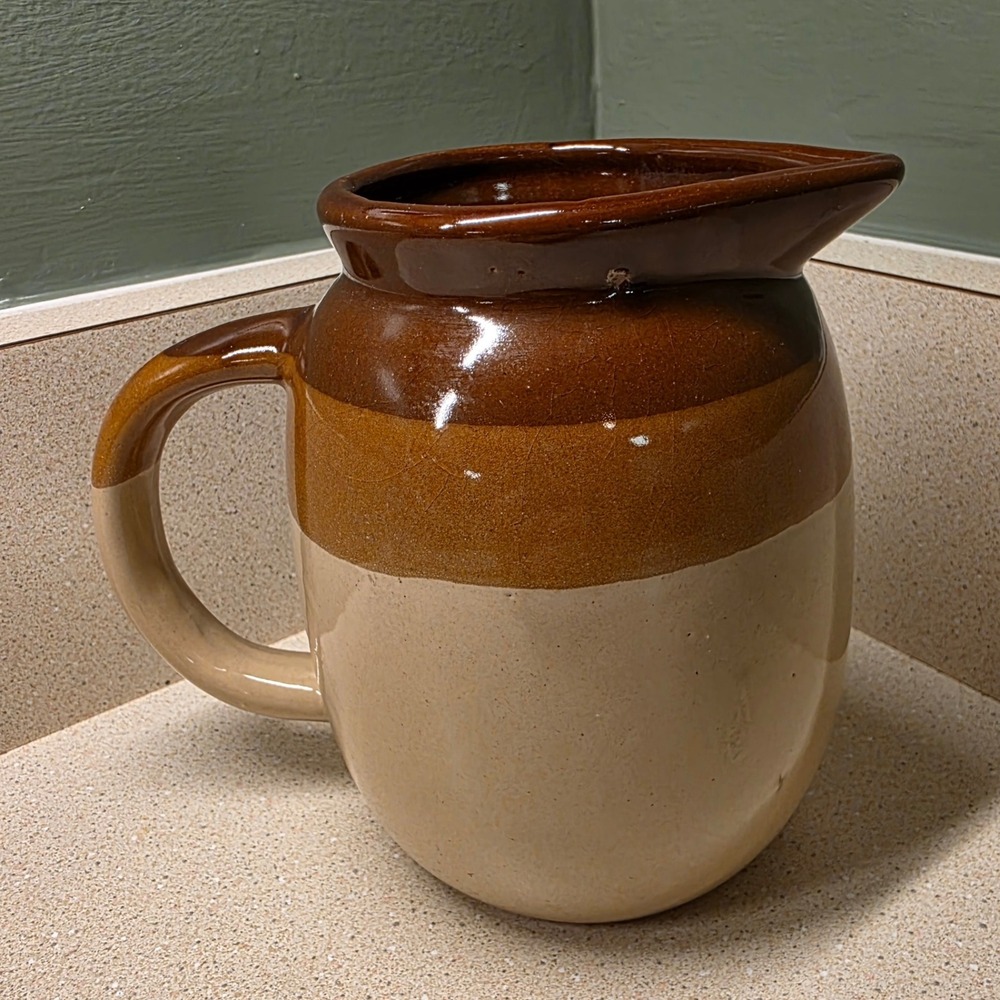 Vintage 80s Stoneware Pitcher Jug 5" Fall Vase Brown Tan Striped Glazed